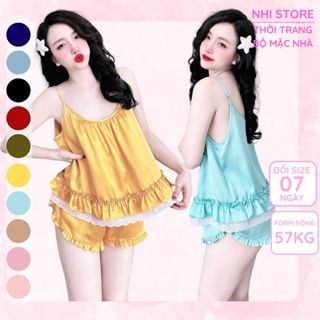 Đồ bộ Bộ mặc nhà nữ Nhistore Sét bộ ngủ short lụa satin áo hai dây form rộng quần ngắn sexy 57kg
