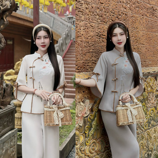 Pháp phục lễ chùa, Bộ lam đi chùa chất liệu lụa trượt hoa nơ