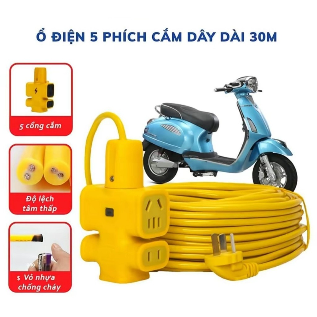 Cuộn dây điện 30m nối dài có 5 đầu cắm. Dây sạc xe máy xe đạp điện nối dài 30m kèm ổ cắm dây đúc chị