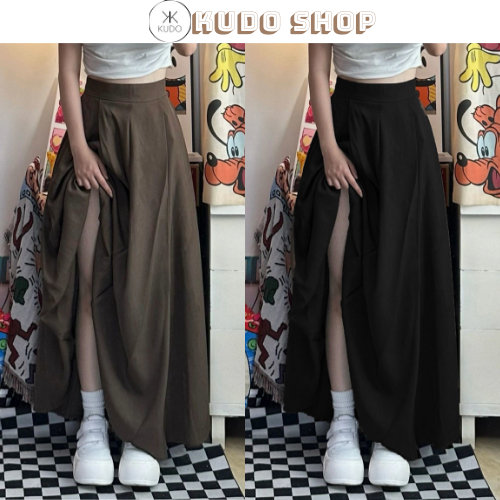 Chân váy Midi dài lưng cao màu trơn basic Ulzzang Hàn Quốc Cv Cạp cao công sở dáng xoè rộng kudoshop
