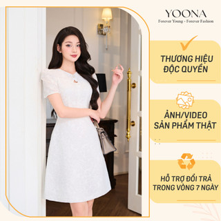 Đầm thiết kế trắng dáng A chất thô hoa thêu phối tay bồng nhẹ cô cách điệu YOONA - NH10A377