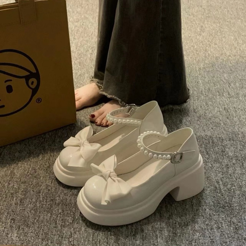 Giày lolita quai cườm da bóng đính nơ BIG SIZE 40-41-42-43