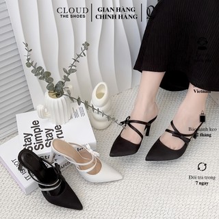 Giày cao gót 9cm CL bít mũi nhọn quai ngang phối nơ