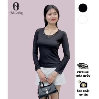 Áo kiểu chất len tăm cổ vuông phối ren đính nơ tay dài - HIT HOUSE