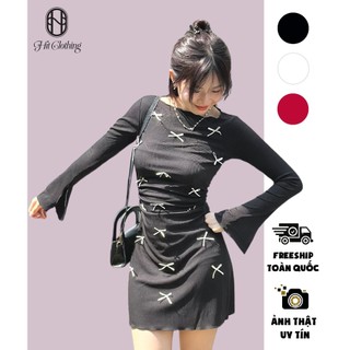 [ FREESHIP ]Đầm/váy chất thun gân tăm xịn trễ vai form body tay dài loe thiết kế đính nơ nhỏ xinh xắn-HIT HOUSE-HITSV006
