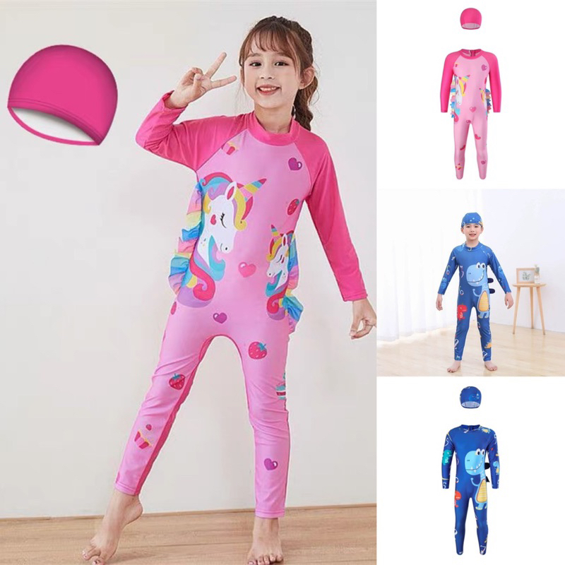 Bộ đồ bơi liền mảnh dài bé trai bé gái in hình pony/ khủng long phối b