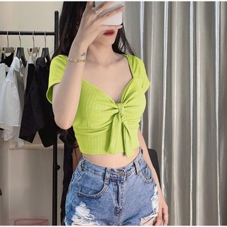 A95 Áo thun nữ tay ngắn phom croptop nữ kiểu thun tăm 4 chiều cột nơ size dưới 53kg mã ht70