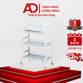 Xe đẩy spa 3 tầng mặt kính hoa văn có khay dùng trong spa - tmv
