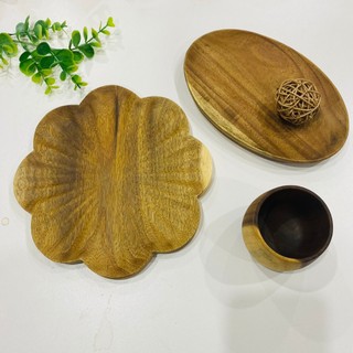 🌸 🌸  Đĩa Bông Hoa Gỗ Keo, Đĩa Gỗ Oval Nguyên Khối.. Bộ Chén Đĩa Trưng Bày, Phụ Kiện Bếp