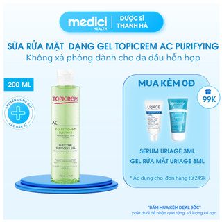 Sữa rửa mặt dạng gel  dành cho da dầu hỗn hợp không gây khô da TOPICREM AC PURIFYING CLEANSING GEL 200ml