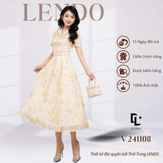 Đầm Váy Công Sở LENDO V241108 Dáng Dài Xòe A Tay Ngắn Cổ Chữ V Cách Điệu Họa Tiết Hoa