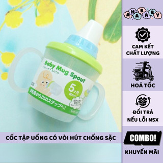 Cốc tập uống có tay cầm, vòi hút chống sặc Inomata Nhật Bản màu xanh lá