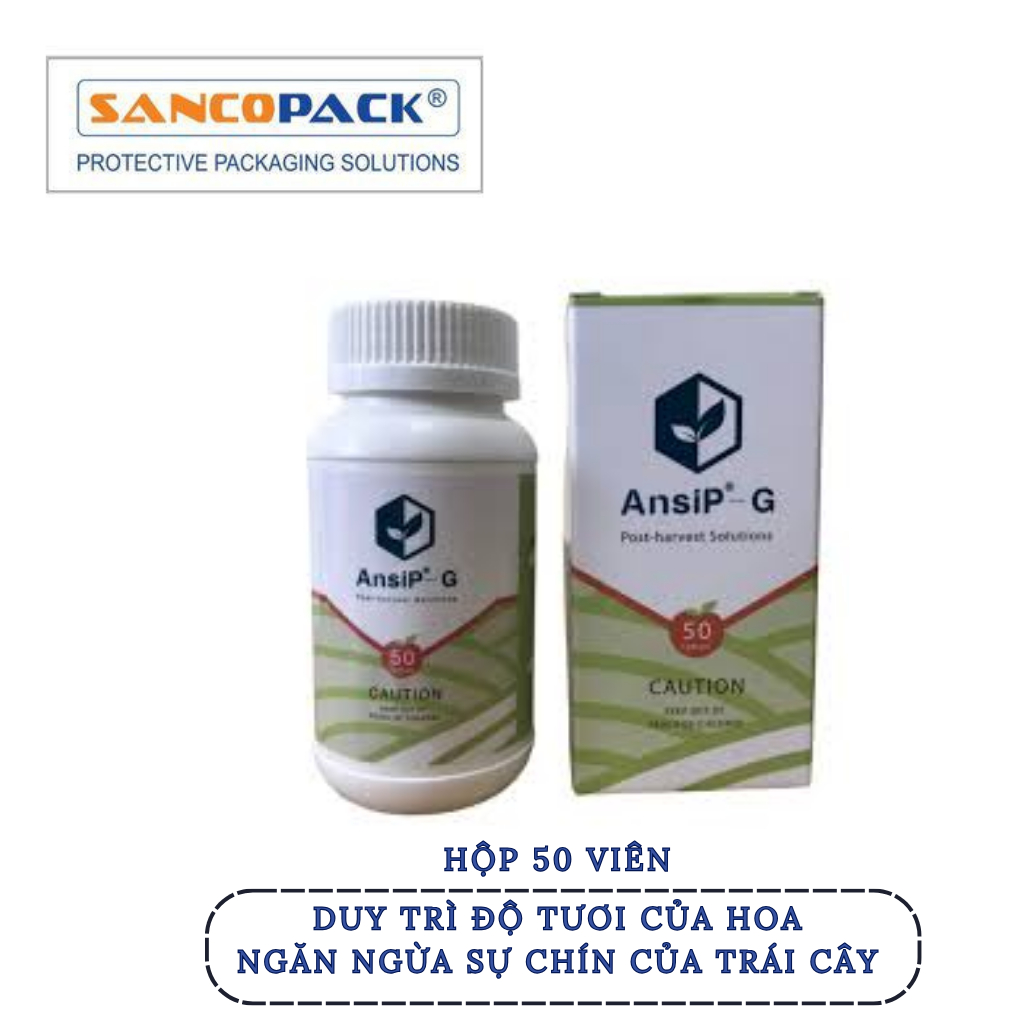 Hộp 50 viên AnsiP 1-MCP kìm hãm khí ethylene kéo dài độ tươi của rau, củ, quả và hoa.