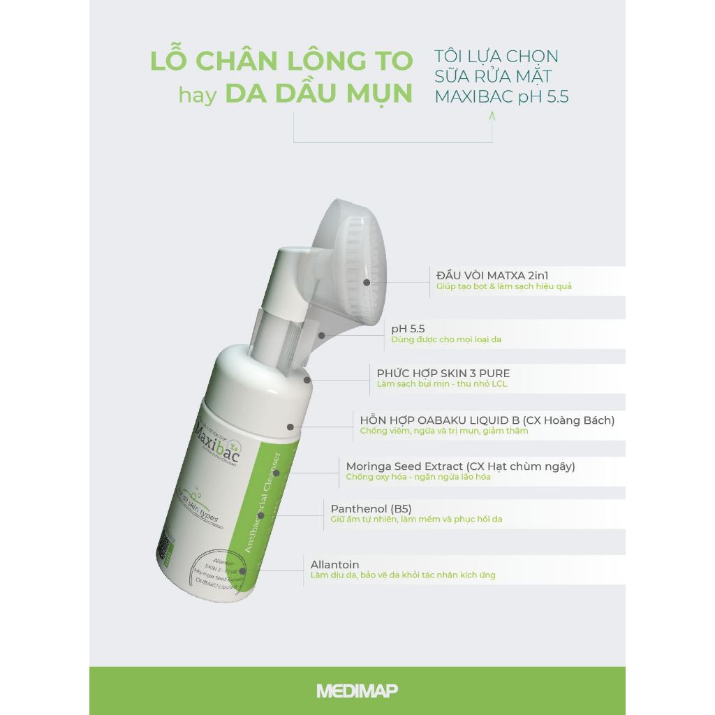 Sữa rửa mặt, srm Maxibac đầu cọ tạo bọt lành tính, giảm mụn, trắng da, tẩy tế bào chết cho da dầu, d