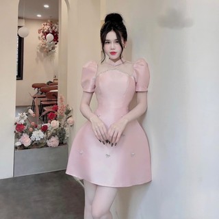 Đầm váy nữ đi tiệc sang trọng chất TAPTA thiết kế cổ cao phối lưới tay bồng có mút tag đá nơ dáng chữ A xinh lung linh