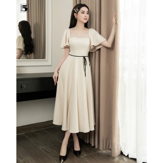 Đầm dáng dài cổ vuông, tay bèo rộng, eo gán nơ Twenty.5 - DQ19