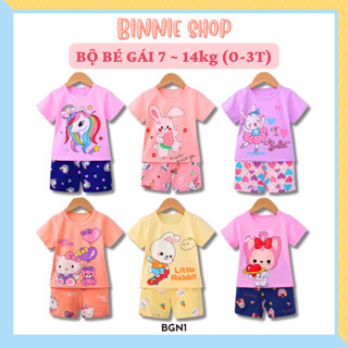 Đồ bộ thun cotton bé gái 7-14kg (0-3 tuổi) Bộ quần áo tay ngắn mặc mùa hè họa tiết Unicorn Elsa Lotso BINNIE SHOP BGN1