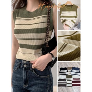 Áo len gile nữ sát nách kẻ sọc ngang cổ tròn phong cách Hàn Quốc, Áo ba lỗ nữ croptop chất liệu thoáng mát Hamela