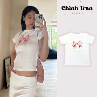 Áo thun baby tee Bé nơ hồng Kill System chất thun co giãn màu trắng