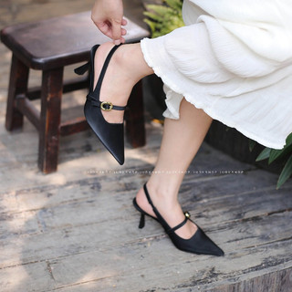 Giày Sandal Slingback MEIBAIYI Mũi Nhọn Khuy Da Mềm Cao 8p QCCC