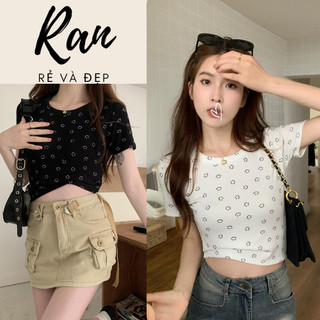 Áo thun nữ mặt cười toàn thân dáng crt cộc tay vải cotton co dãn ôm body, Áo babytee hottrend 2024