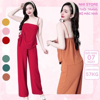 Set Bộ Kiểu NHISTORE Áo Dún Bèo Quần Dài Ống Rộng Chất Đũi Nhăn Freesize Dưới 57kg