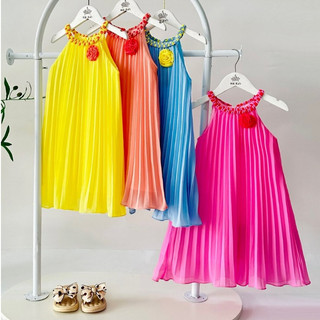 Đầm cổ yếm maxi dập ly loang màu cầu vòng cực yêu, váy đầm đi chơi đi biển bé từ 14- 40kg