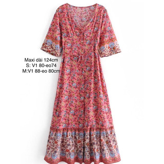 Đầm hoa nhí chất mát rũ,thắt dây eo,phong cách boho-hình thật