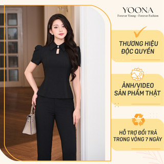 Set bộ thiết kế áo dáng peplum tay bồng có cổ kế hợp quần dáng baggy chất chéo Nhật cao cấp YOONA - NH14B459