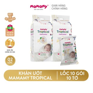 Lốc 10 gói khăn ướt Mamamy Tropical mini 10 tờ/gói chất liệu sợi 100% sợi tự nhiên và rayon