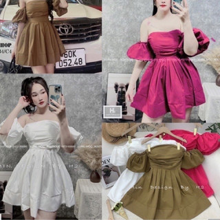 Váy đầm xoè trễ vai tay bồng 2 lớp li ngực thắt nơ lưng siêu xinh chuẩn mẫu1