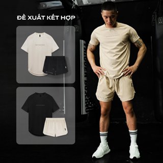 Bộ đồ tập gym chạy bộ nam Fitme chất thun thể thao, Áo thun co giãn 4 chiều Quần đùi 1 lớp Sand Smoke