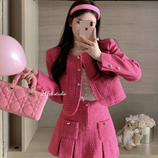SET36 Set áo khoác dạ tweed nữ cúc tim dáng ngắn phối chân váy đuôi cá phong cách tiểu thư Hàn