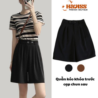 Quần đùi nữ Haviss dáng lửng vải ruby cạp cao 2 cúc khóa kéo trước bo chun sau co giãn thoải mái trẻ trung năng động