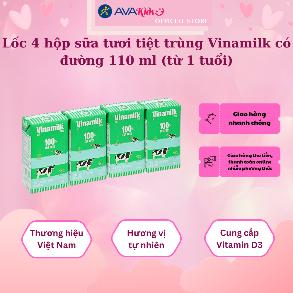 Lốc 4 hộp sữa tươi tiệt trùng Vinamilk có đường 110 ml (từ 1 tuổi)
