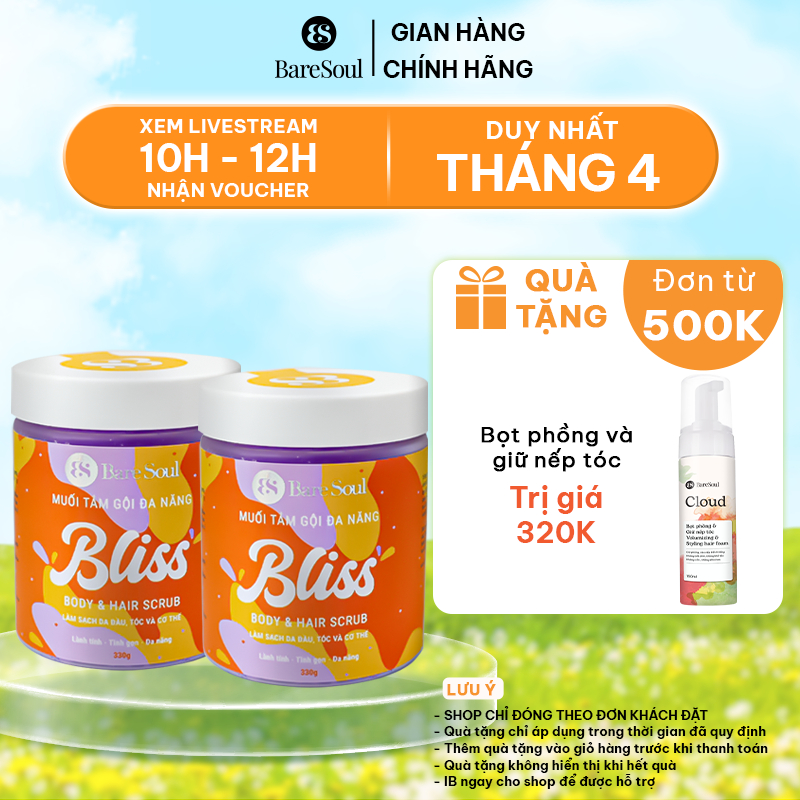 Combo 2 Muối tắm gội tẩy tế bào chết cơ thể, da đầu, tóc chứa AHA BareSoul BLISS Body & Hair Scrub 330gx2