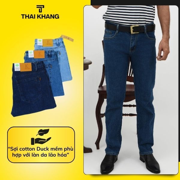 Quần jean nam trung niên Thái Khang loại vải co dãn thoải mái thiết kế ống suông Qjean21