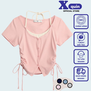 Áo croptop nữ ngắn tay cổ yếm phối màu độc đáo Xquin, Áo kiểu nữ cổ giả yếm cột dây phối nút rút dây 2 bên tôn dáng