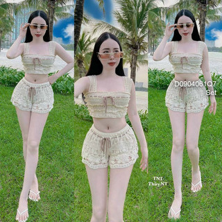 Set bộ áo ren 2 dây croptop phối nơ kèm quần short sang trọng, set ren đi biển VIENS STORE