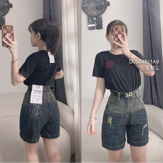 Quần short jean loang màu ngố rách túi phối chữ b, quần short ngố nữ VIENS STORE
