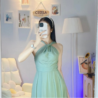 Đầm Dài Midi Hoa Nhí Cổ Yếm Xoắn Xanh Mint Đi Biển Du Lịch Mùa Hè