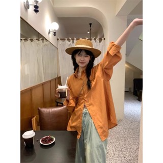 (ORDER) Áo sơ mi màu cam dài tay cài khuy style mùa hè Hong Kong nổi bật cá tính hàng Quảng Châu loại 1