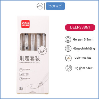Bộ 5 bút Deli 33861 màu trắng mực đen viết trơn êm đầu ngòi 0,5mm. (Hàng Chính Hãng)