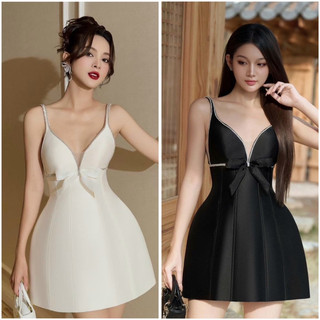 Đầm xòe hai dây kết đá phối nơ sang trọng ( kèm ảnh thật )