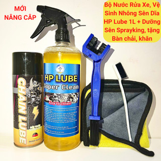Bộ Dưỡng Sên Sprayking + Chai Rửa Sên Và Rửa Xe HP Lube Super Clean 1L Kèm Bàn Chải, Khăn