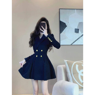 Váy Thiết Kế Liền Xòe HAMICHI_FASHION, Váy Nữ Cổ Vest Màu Xanh Dương Thiết Kế Cao Cấp