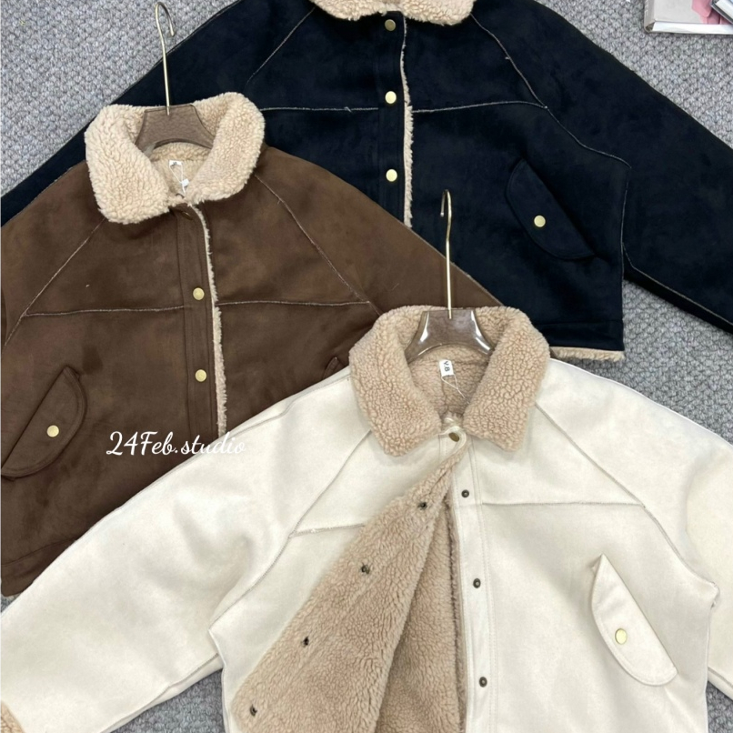 Áo khoác da lộn dáng lỡ trần lông cừu phong cách vintage Hàn Quốc 24Feb.Studio KAH22 | BigBuy360 - bigbuy360.vn