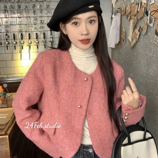 Áo khoác dạ tweed hồng cúc đồng phong cách ulzzang Hàn Quốc