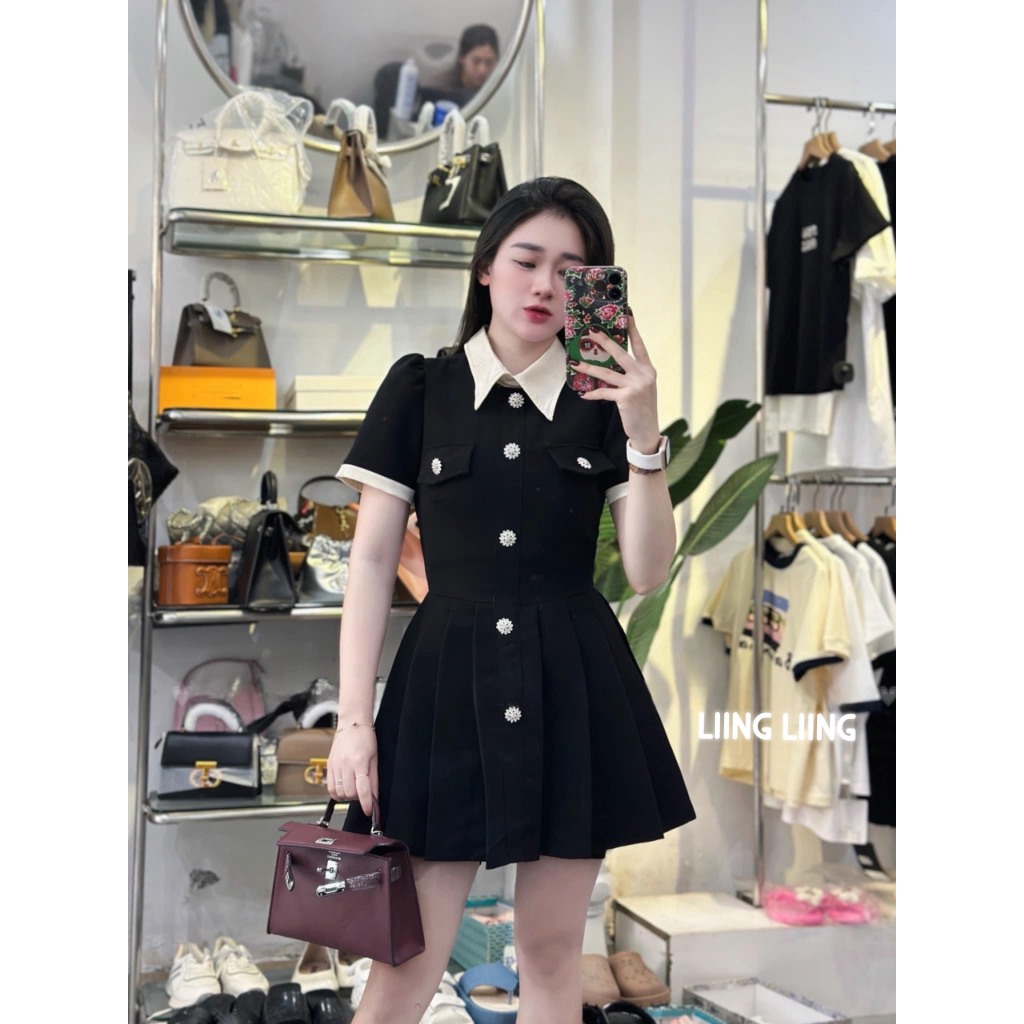 Váy Cổ Đức Khuya Đá Xêp Ly - LIING
