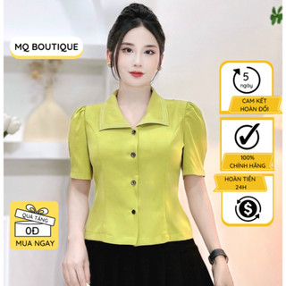 Áo lụa cộc tay vai bồng nữ cổ lá nhiều màu trơn đẹp cao cấp công sở thanh lịch, áo sơ mi thiết kế MQ Boutique